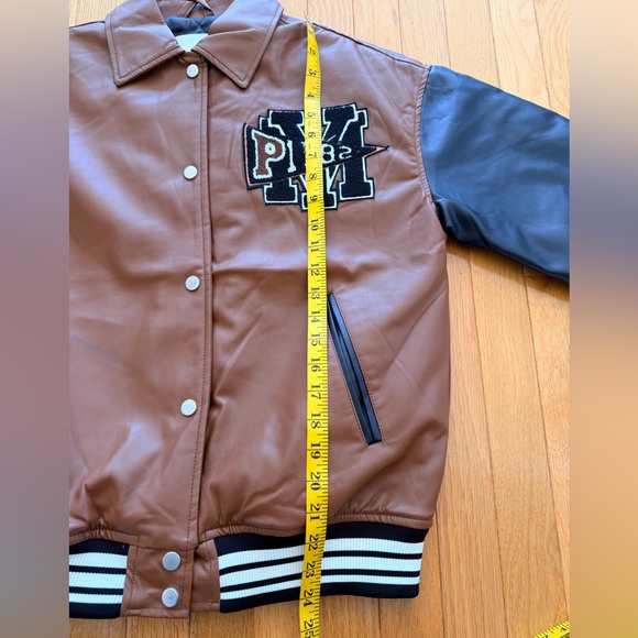Faux-Leather Varsity Jacket in Brown and Black with Patch Detail - Picture 12 of 13